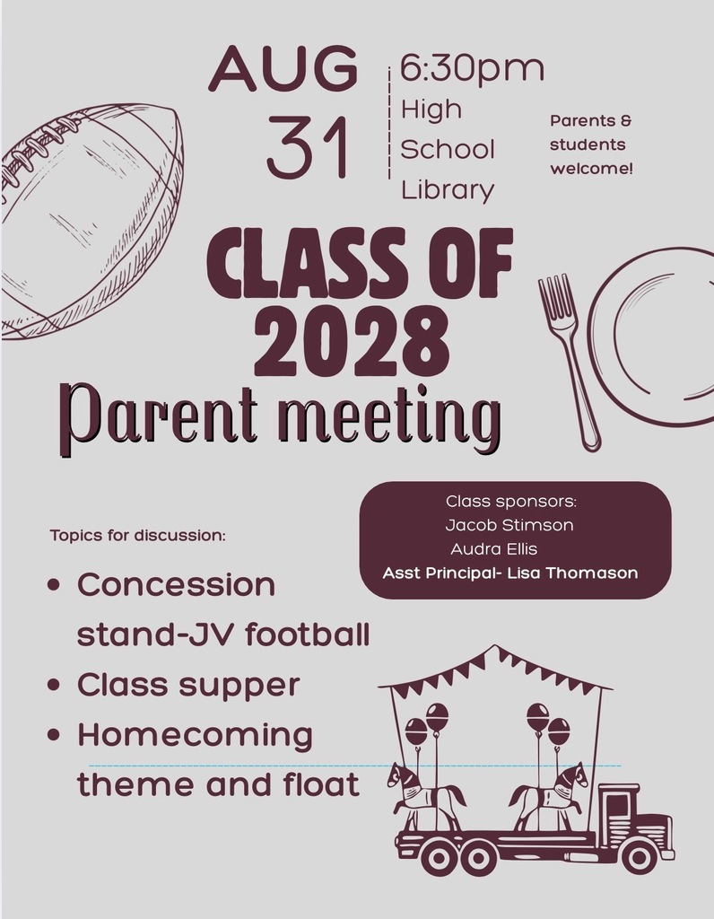 An invitation for a meeting for parents of the class of 2028, showing a football, a stand-JV football, a plate, and a carnival ride.