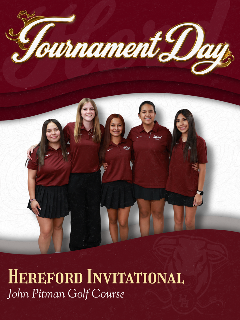Five women in maroon polo shirts and black skirts stand close together at a golf course. Text reads "Tournament Day" and "Hereford Invitational".