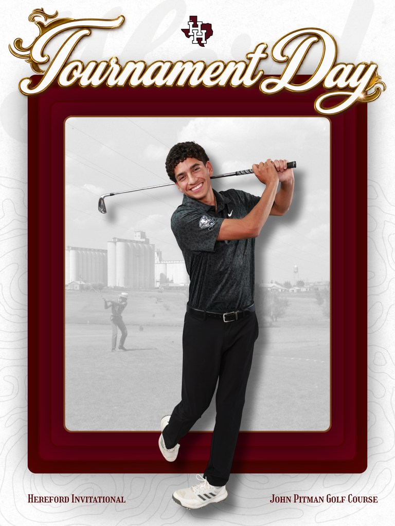 A man swings a golf club on a golf course. A watermark reads "Tournament Day" with the event name "Hereford Invitational" below.