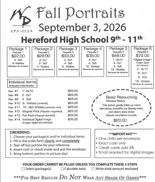 An advertisement for fall portraits at Hereford High School on September 3, 2026, lists packages and individual items.