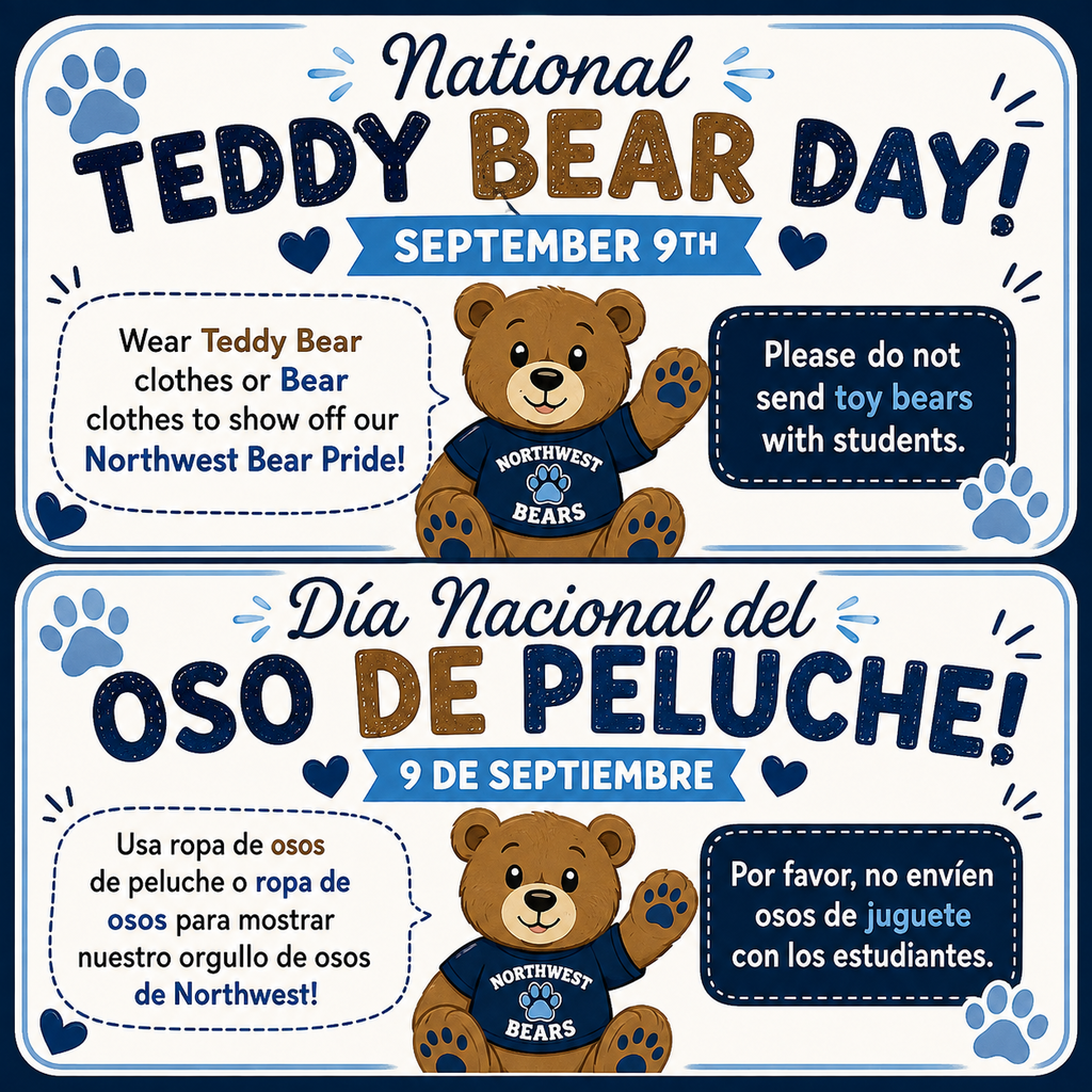 A poster celebrating National Teddy Bear Day on September 9. It shows a teddy bear in a blue shirt and text in both English and Spanish.