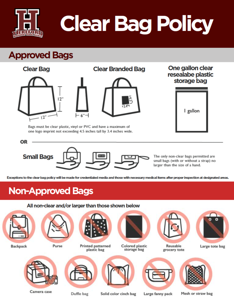 Infographic detailing a clear bag policy with icons for approved bags, including clear and one-gallon clear storage bags.