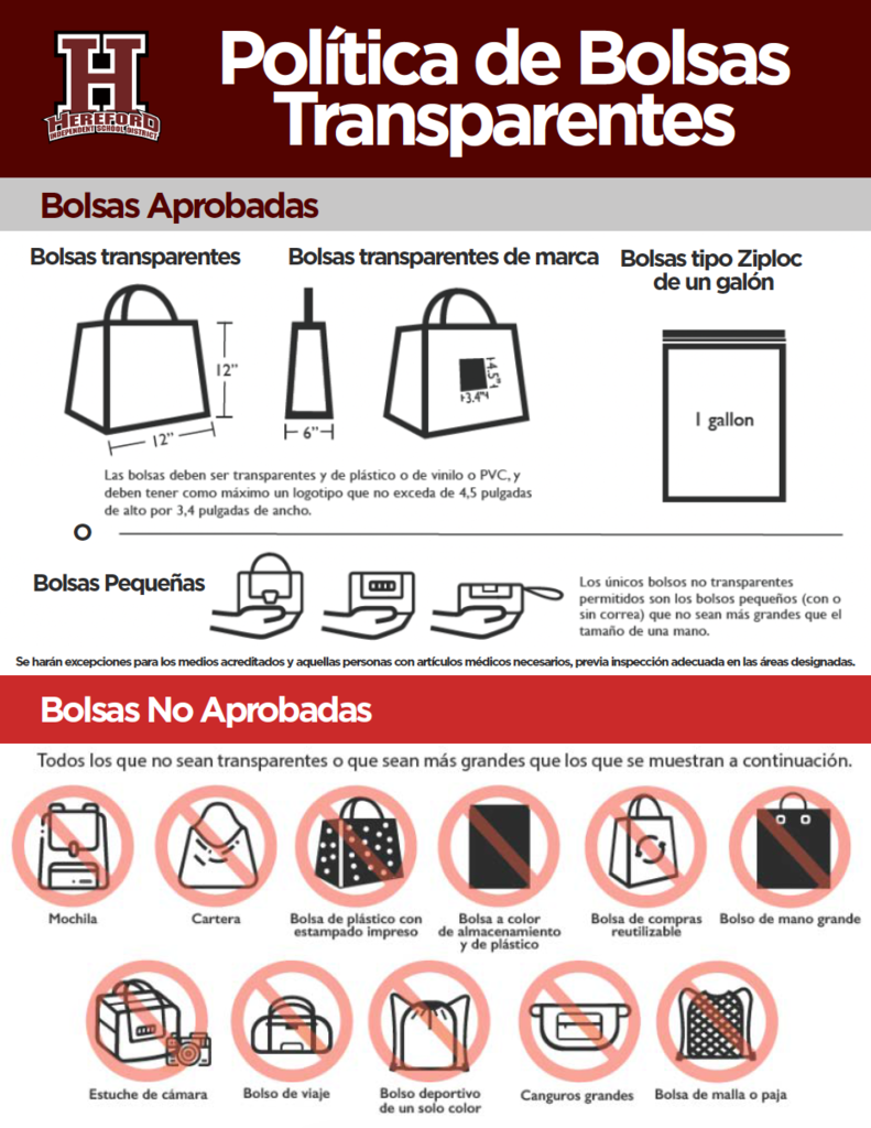 Policy poster showing approved clear bags, examples of approved bags, and prohibited bags. Background is red and white.