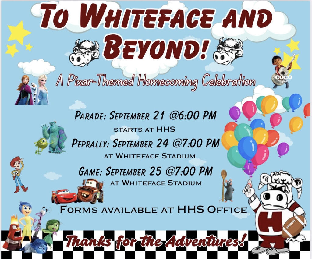 Invitation with blue background featuring cartoon characters, text, and events. Parade on September 21. Pep rally on September 24. Game on September 25.