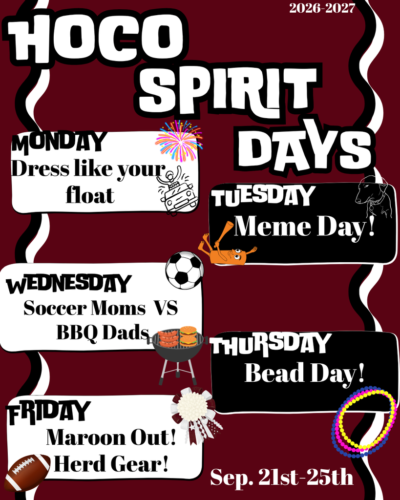 Schedule poster for HOCO Spirit Days from Sept 21st to 25th. Each day has a different theme.