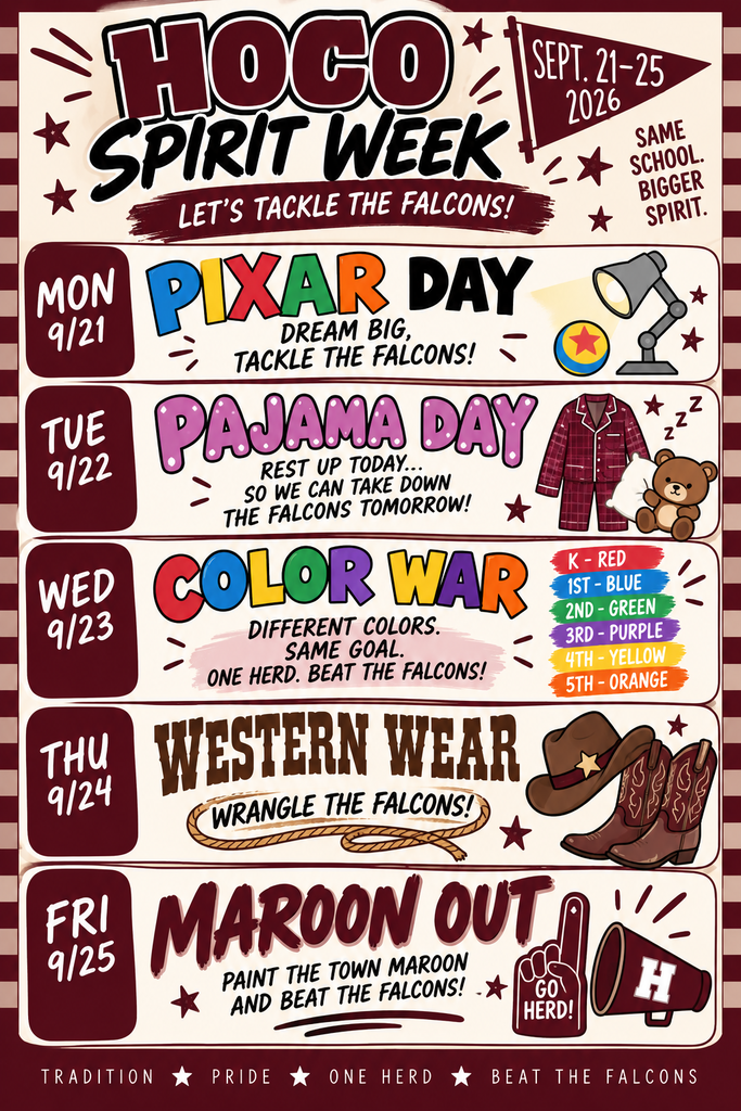A poster advertises events for HOCO Spirit Week. Days, dates, and activities are listed with illustrations.