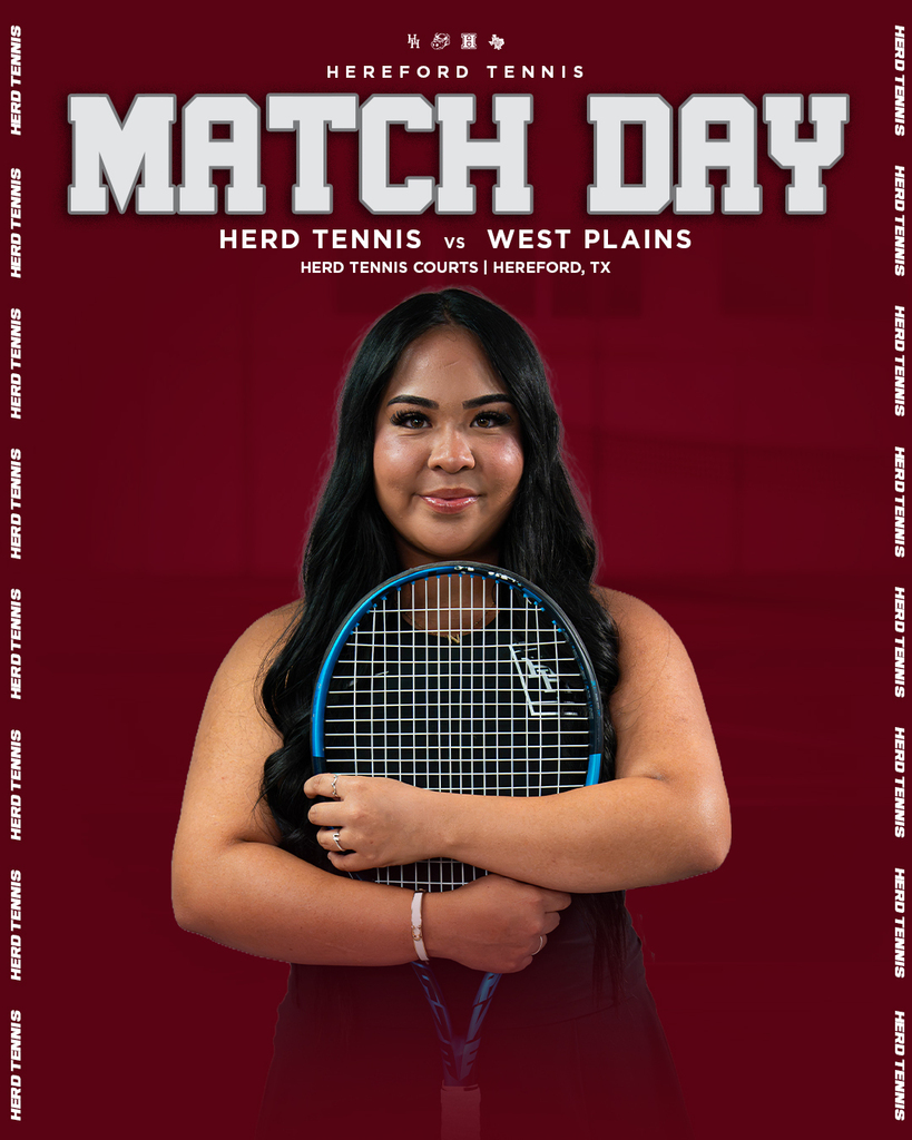 A woman holding a tennis racket on a maroon background. Text reads "MATCH DAY" and "HERD TENNIS vs WEST PLAINS."