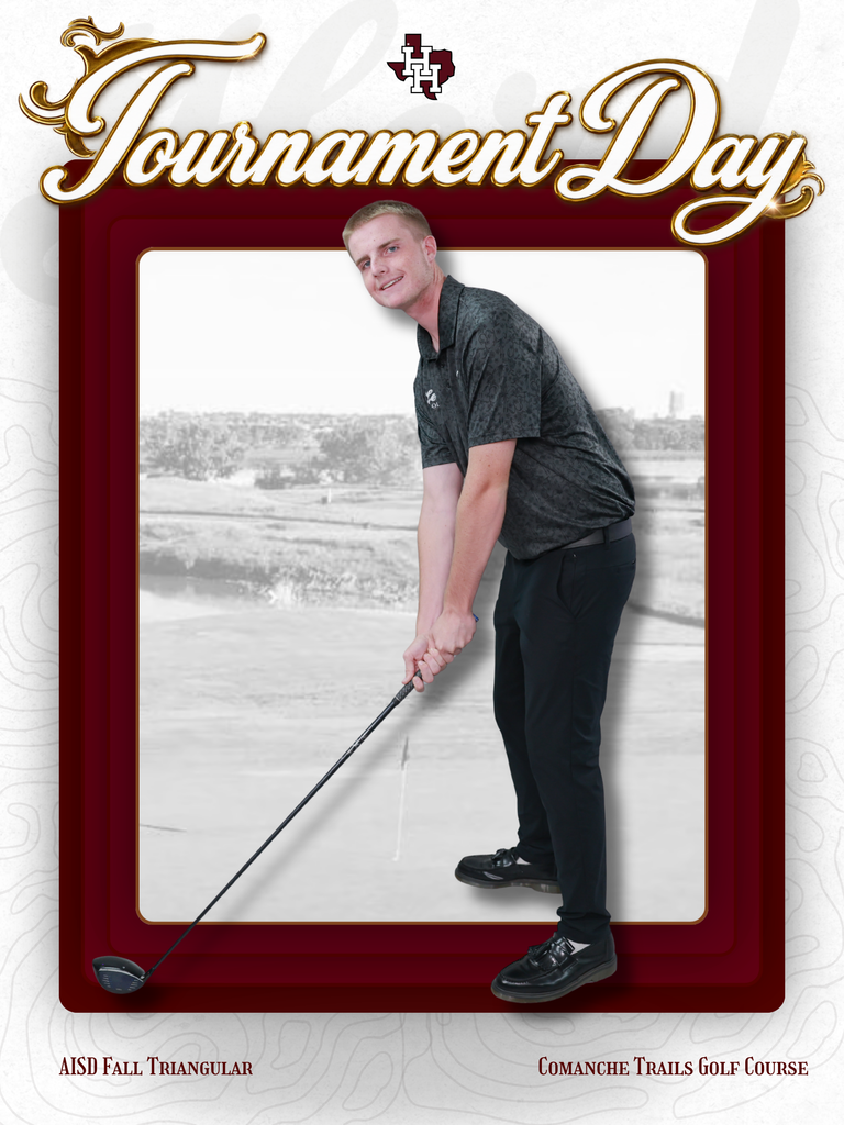 A golfer stands on a golf course, holding a club, framed by a red border with "Tournament Day" at top.