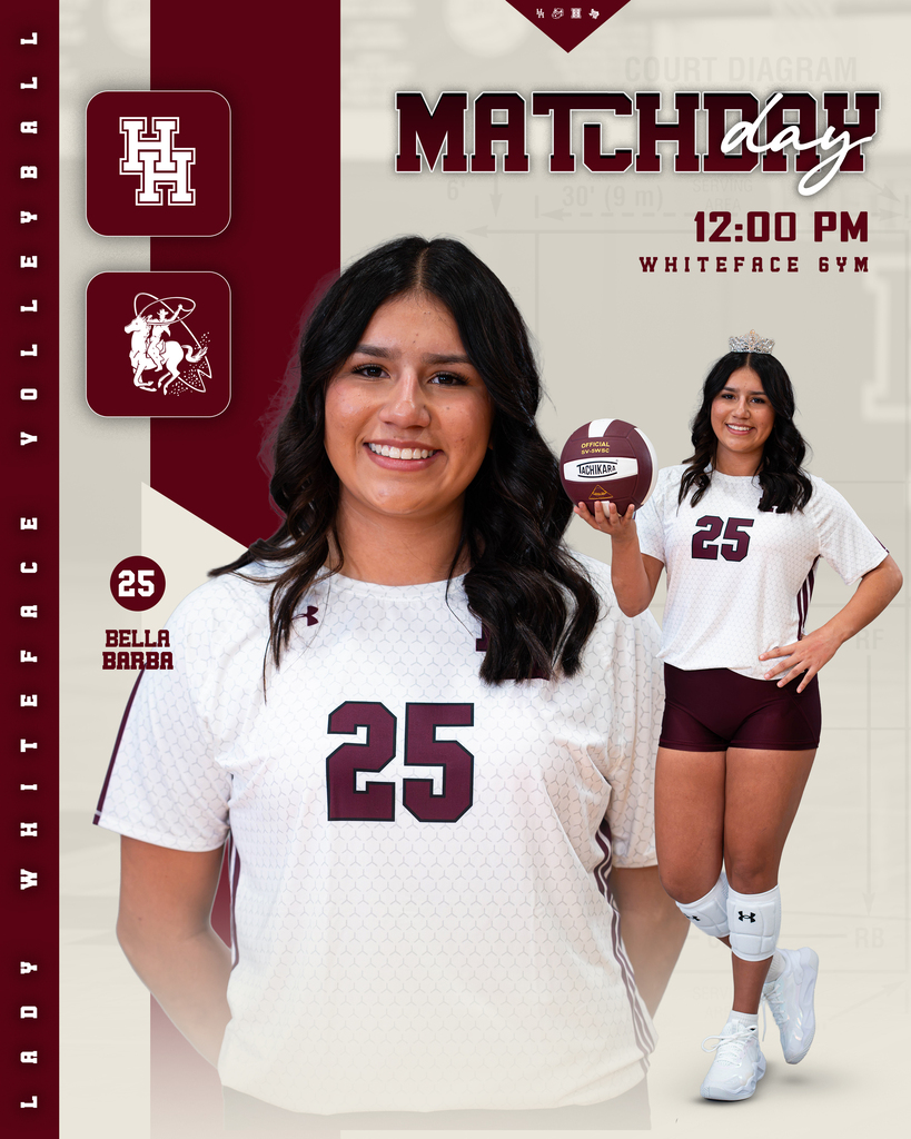 Two female volleyball players, one holding a ball, pose in white and maroon uniforms. A "Match Day" sign is above them.