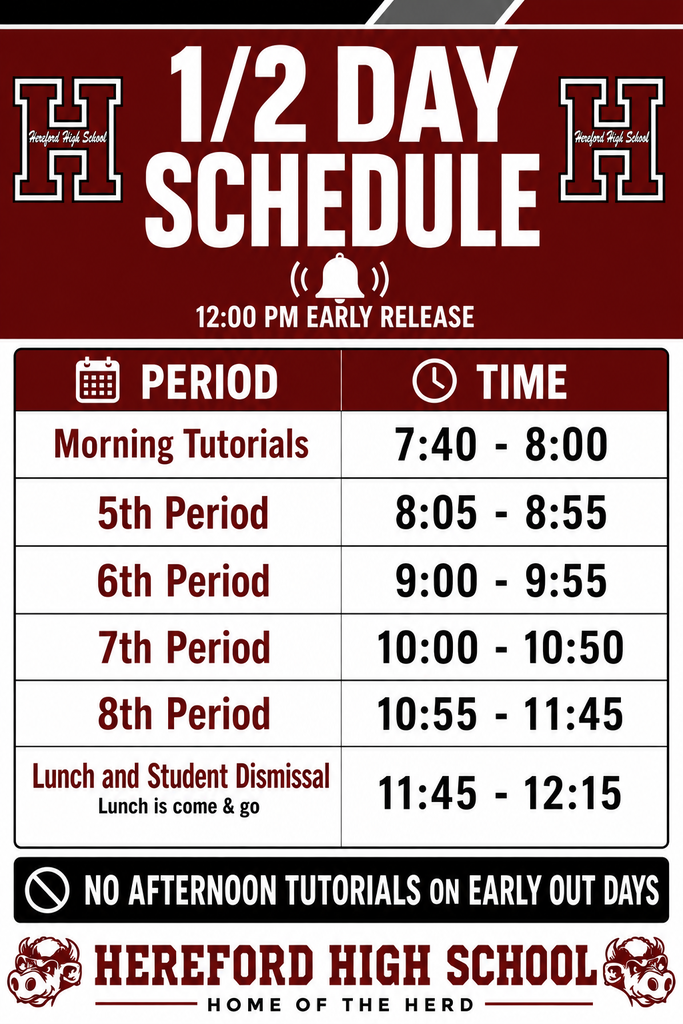 A red-themed schedule displays time and period information for a half-day, including Morning Tutorials, 5th to 8th periods, and lunch dismissal.