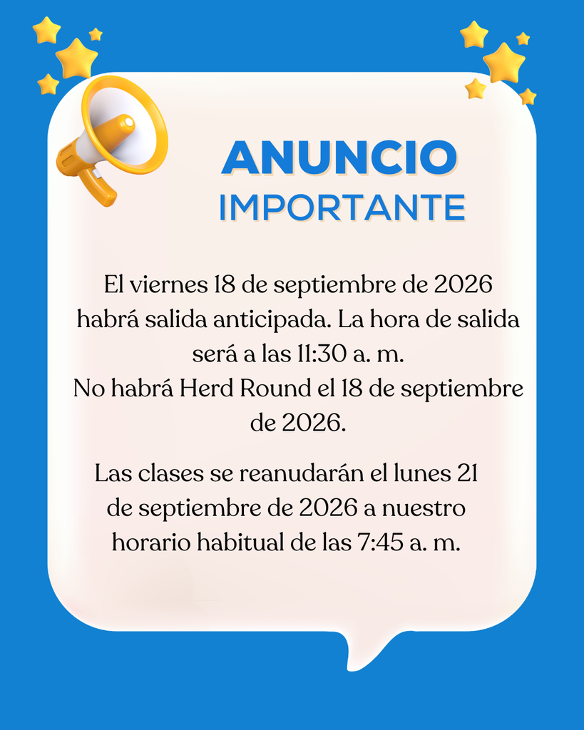 An announcement with blue background and stars. A megaphone icon. Text reads "Anunció Importante". Details about a class on September 18.