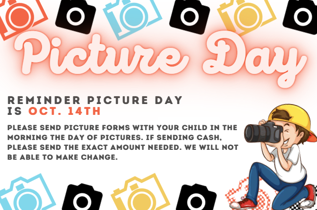 A poster with a child holding a camera. Text reads "Picture Day" and "Reminder Picture Day is Oct. 14th." Camera icons are in the background.