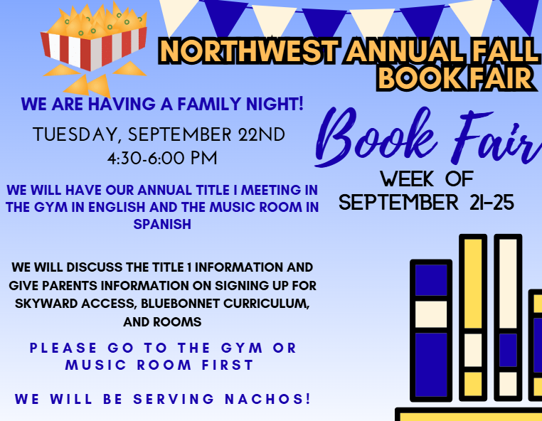 An event poster advertises Northwest Annual Fall Book Fair. It features a popcorn bucket, a bar graph, and a blue and white striped pattern.