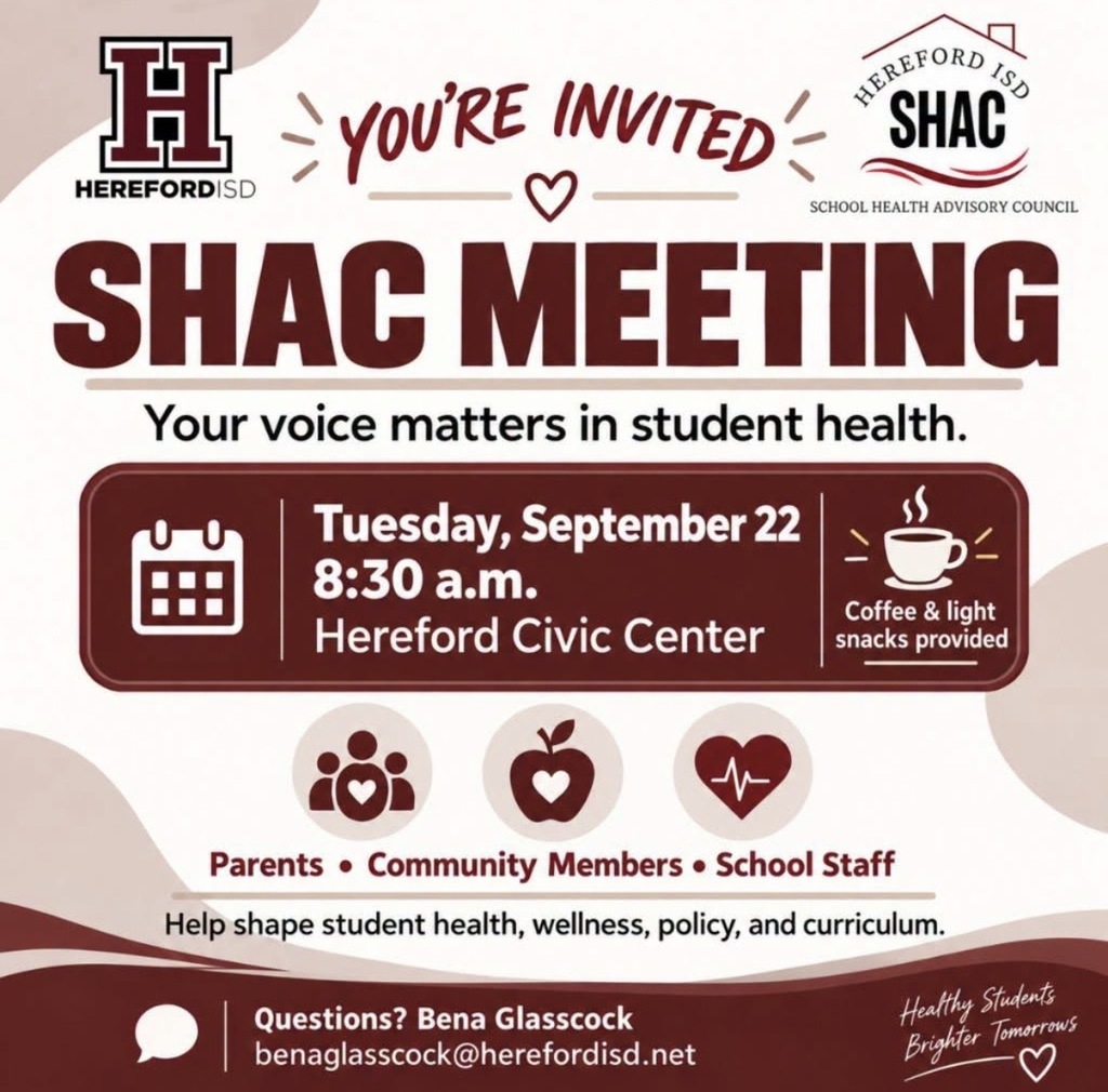 Invitation for SHAC Meeting on Tuesday, September 22 at 8:30 a.m. at Herefor Civic Center. Coffee and light snacks provided.