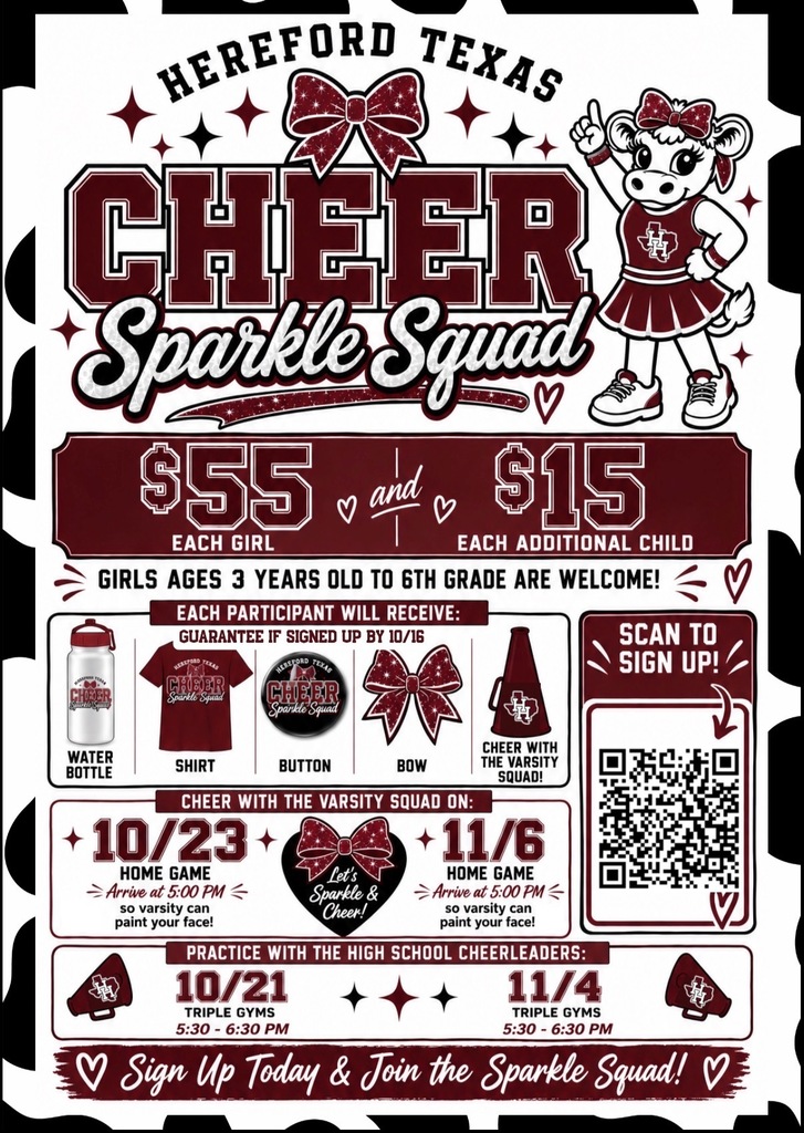 A poster for the Cheer Sparkle Squad in Hereford, Texas, shows details about membership fees, sign-up, and events, with a cheerleader graphic.