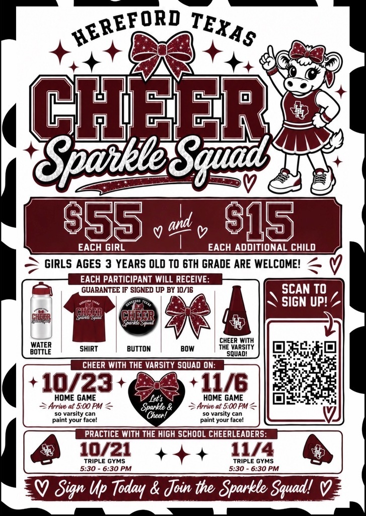 A poster for the Cheer Sparkle Squad in Hereford, Texas, shows details about membership fees, sign-up, and events, with a cheerleader graphic.