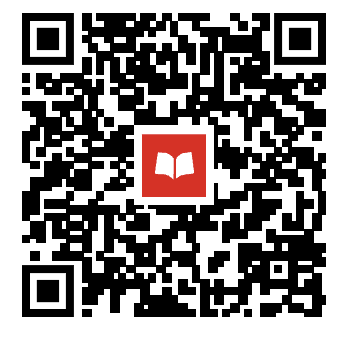 Black-and-white QR code with a red square in the center containing an open book.