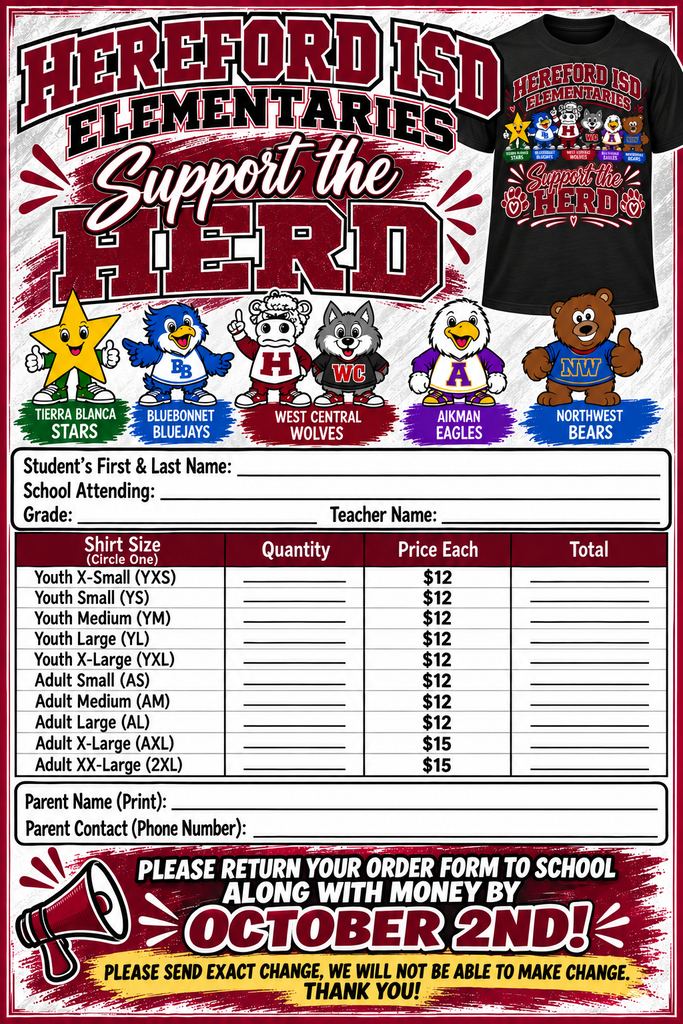 A poster shows available sizes, prices, and a deadline for ordering a school support T-shirt. It includes a return date of October 2nd.