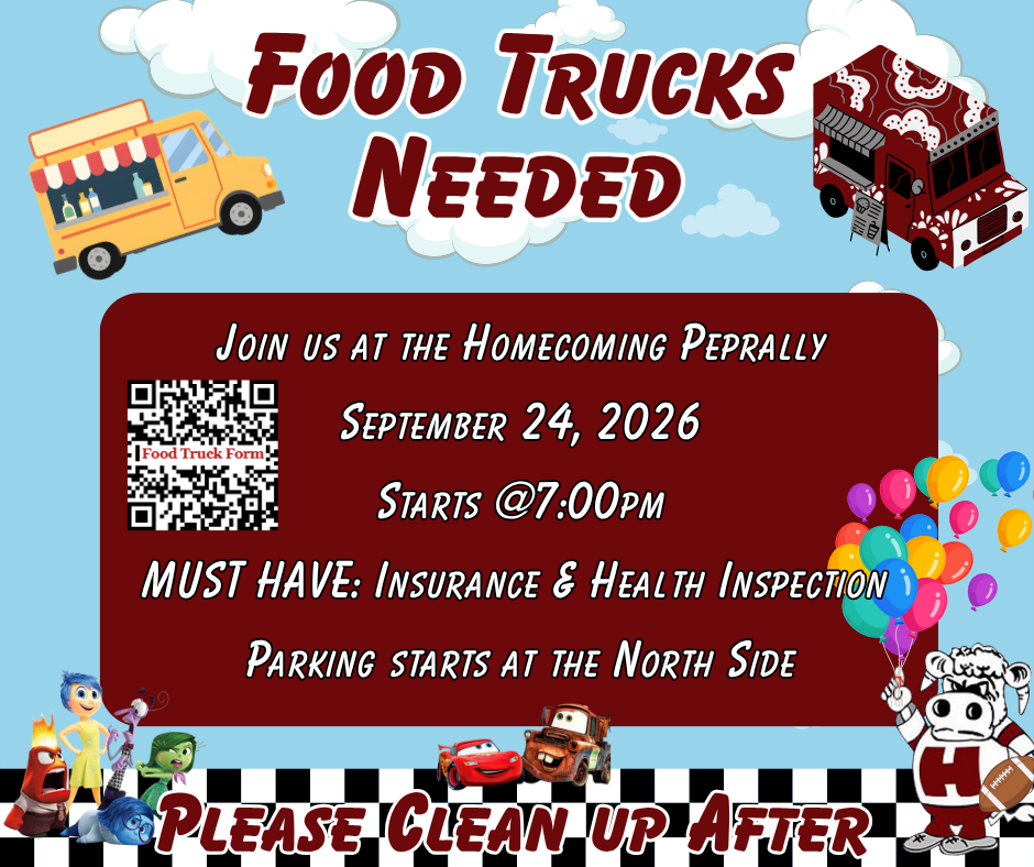An invitation with blue and white background. Text reads "Food Trucks Needed" with event details and balloons. QR code at bottom left.