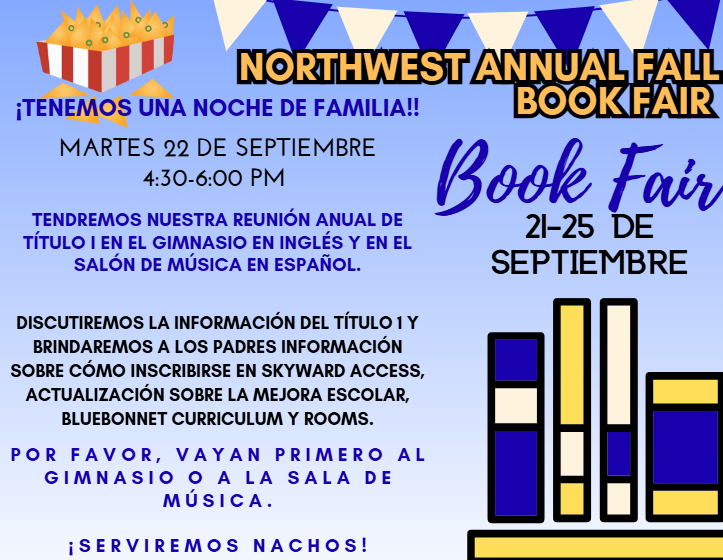Event poster for Northwest Annual Fall Book Fair. Dates are September 21-25, 2023. Family night on September 22 from 4:30-6:00 PM.