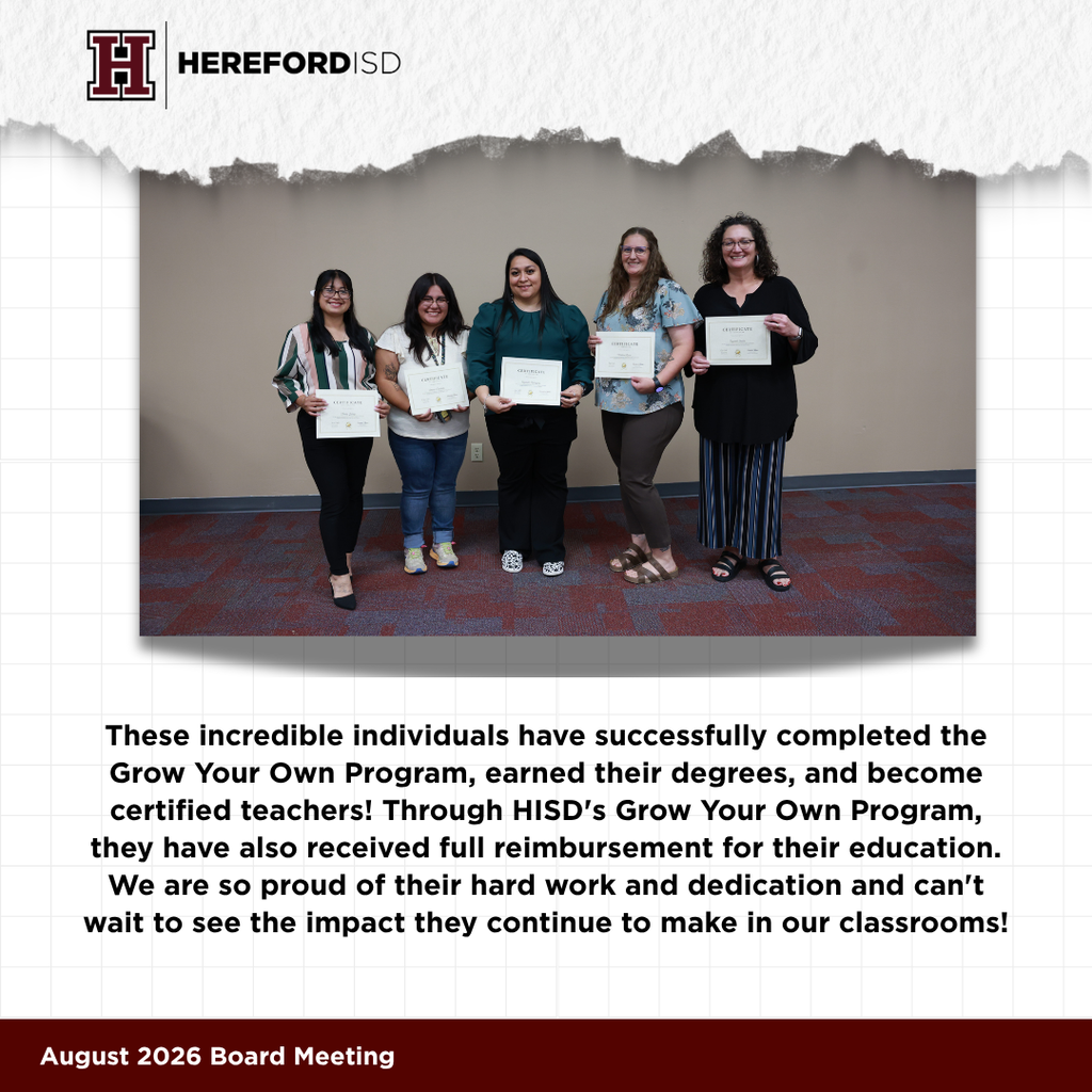 Five women hold certificates in front of a beige background. The words "Hereford ISD" are visible at the top.