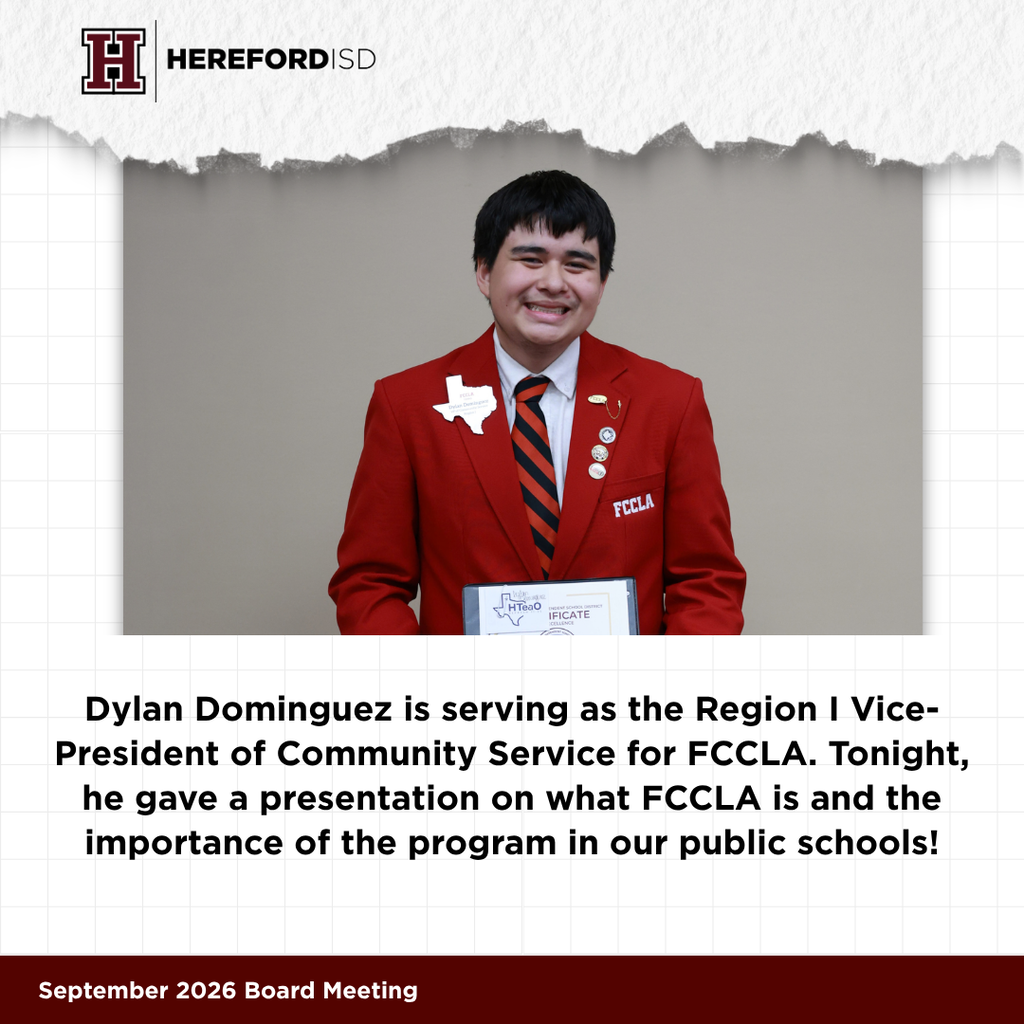 Person in red blazer, tie, and badge stands holding an award. Text below reads: Dylan Dominguez is Region Vice President of FCCLA.