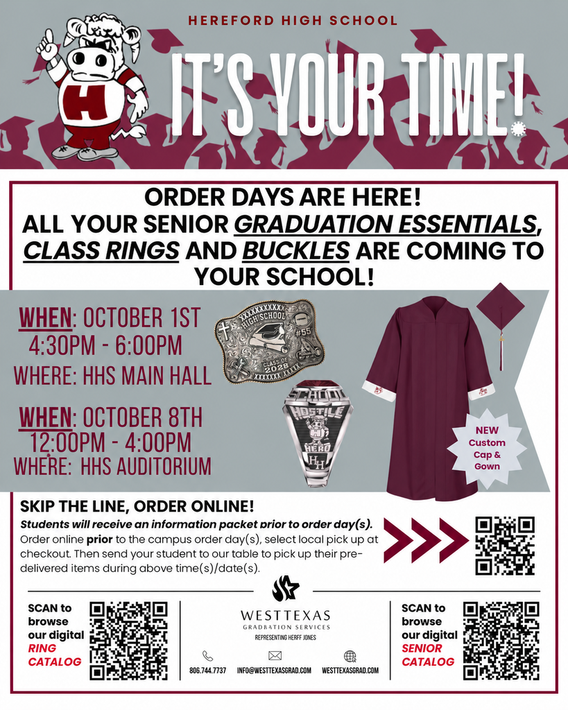 Poster for senior class ring and graduation essentials order days. Features a mascot and a graduation gown. Includes dates, times, and locations. QR codes for scanning.