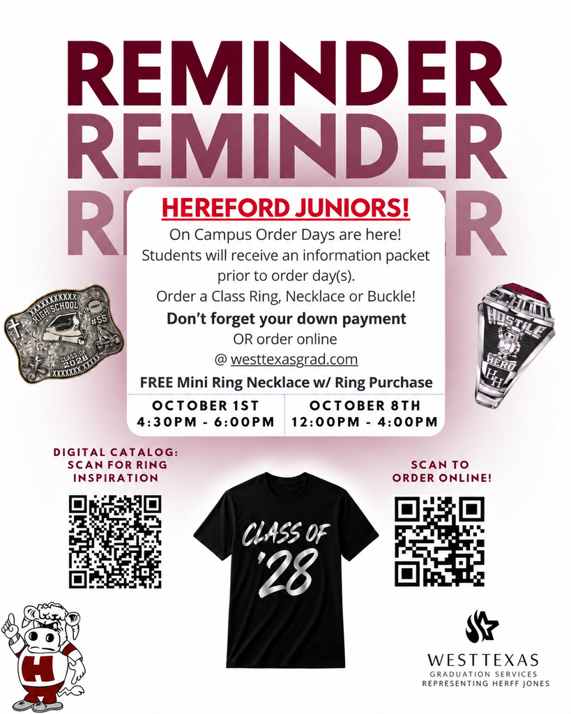 Advertisement for Hereford Junior's Campus Order Days. Includes QR codes and a black t-shirt with 'Class of '28'.