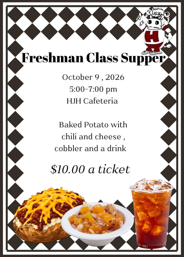 Black and white checkered pattern backdrop. Event details for "Freshman Class Supper" on October 9, 2026. Food includes baked potato, chili, cheese, cobbler, and a drink. Ticket price is $10.