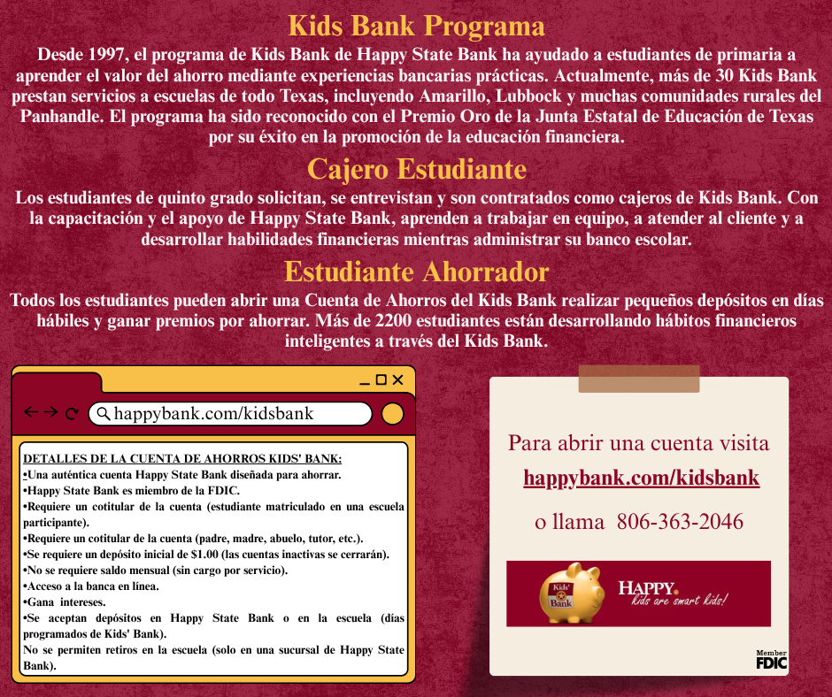 A red and yellow educational brochure for Kids Bank, displaying contact information and details about opening a savings account.