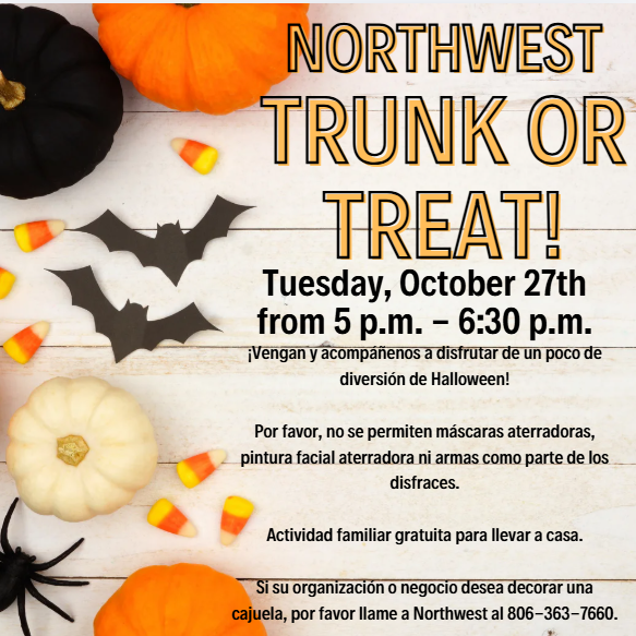 A poster featuring pumpkins, bats, candy, and spiders. Text reads "NORTHWEST TRUNK OR TREAT!" and "Tuesday, October 27th."
