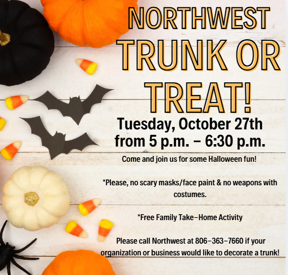 An event poster with Halloween decorations. Pumpkins, candy, bats, spiders. Time: 5pm-6:30pm.