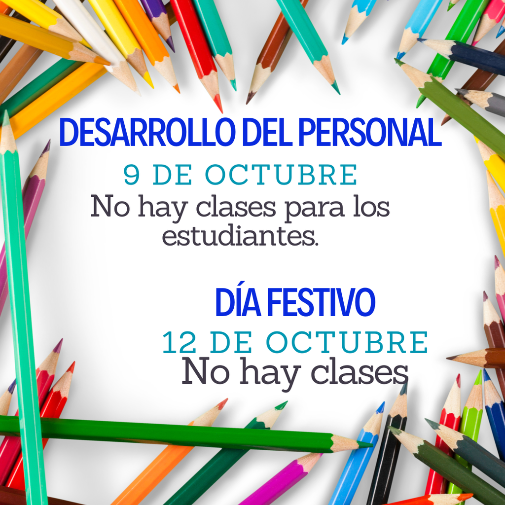 A white background displays colorful pencils. The text "Desarrolllo del personal" and "Dia Festivo" is written in blue.