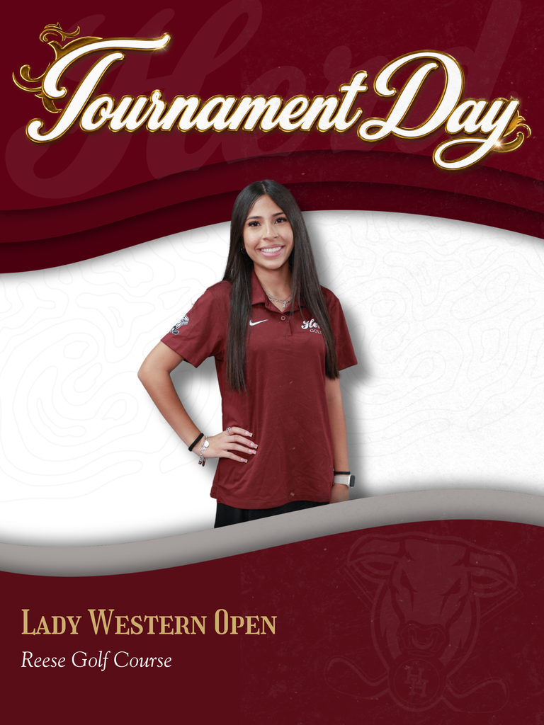 A woman stands with hands on hips in a maroon shirt against a red and white background. Text reads "Tournament Day", "LADY WESTERN OPEN", and "Reese Golf Course".