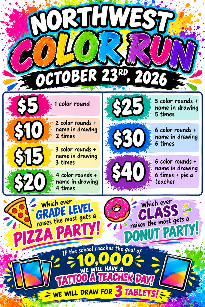 Event flyer for the Northwest Color Run on October 23, 2026, with pricing for color rounds and drawings.
