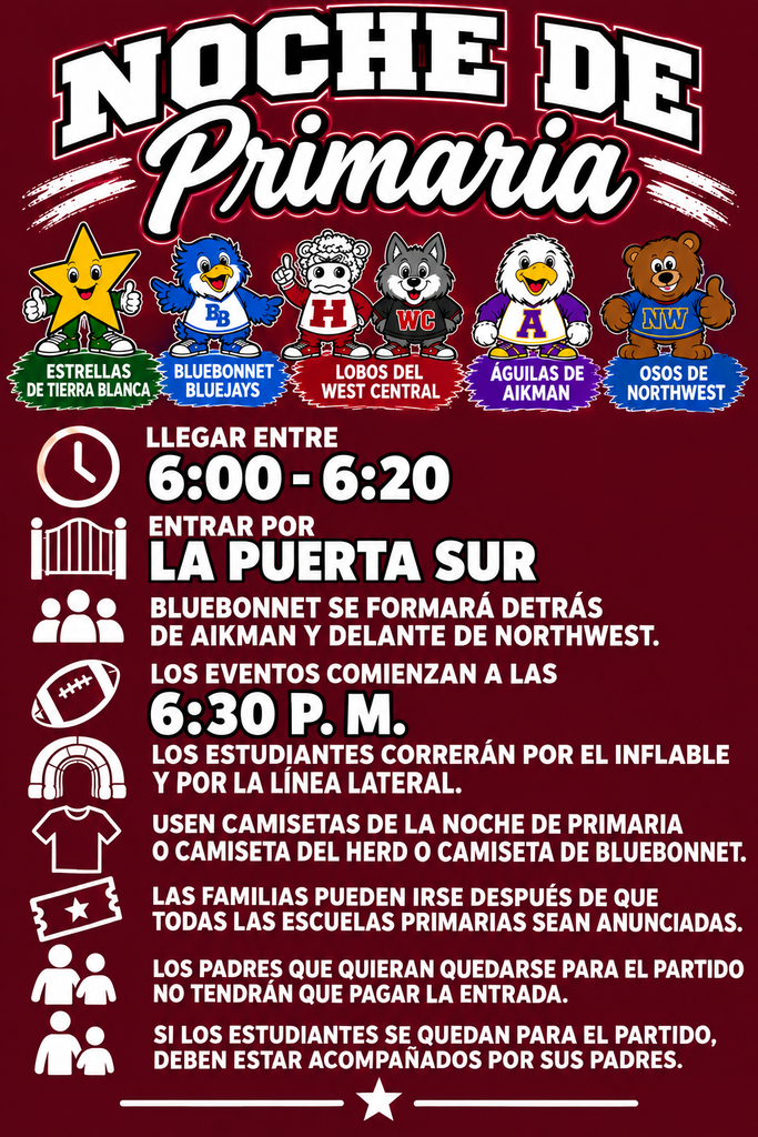 Poster with a maroon background, bold text, and icons. Time is 6:00-6:20. Event starts at 6:30 p.m. Admission is via the South gate.