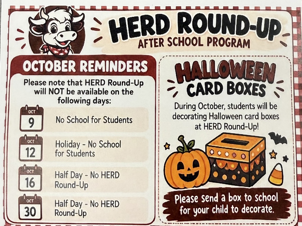 Poster with a cow and text. The poster includes October reminders, dates, and information about Halloween card boxes.
