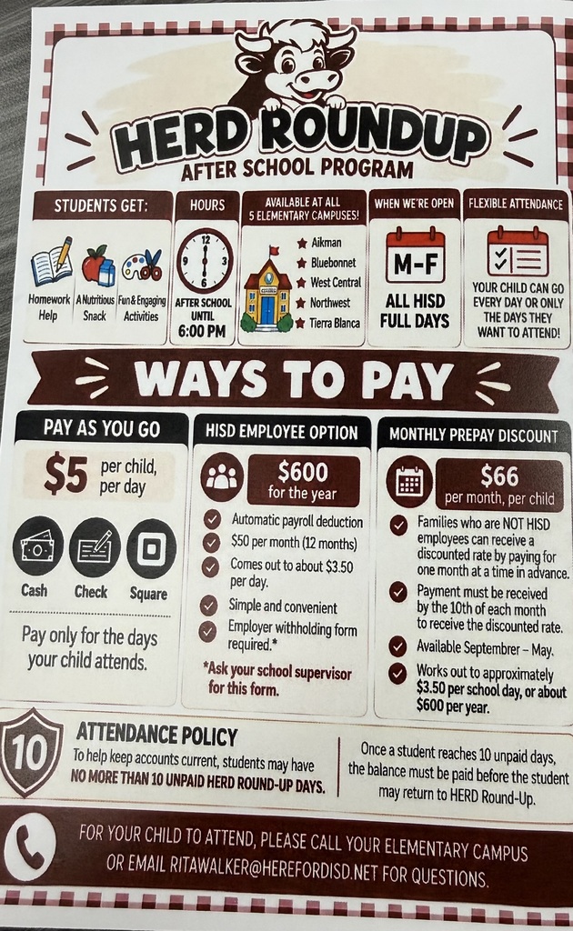 An informational poster outlines the HERD RoundUp After School Program, including hours, payment methods, and an attendance policy.