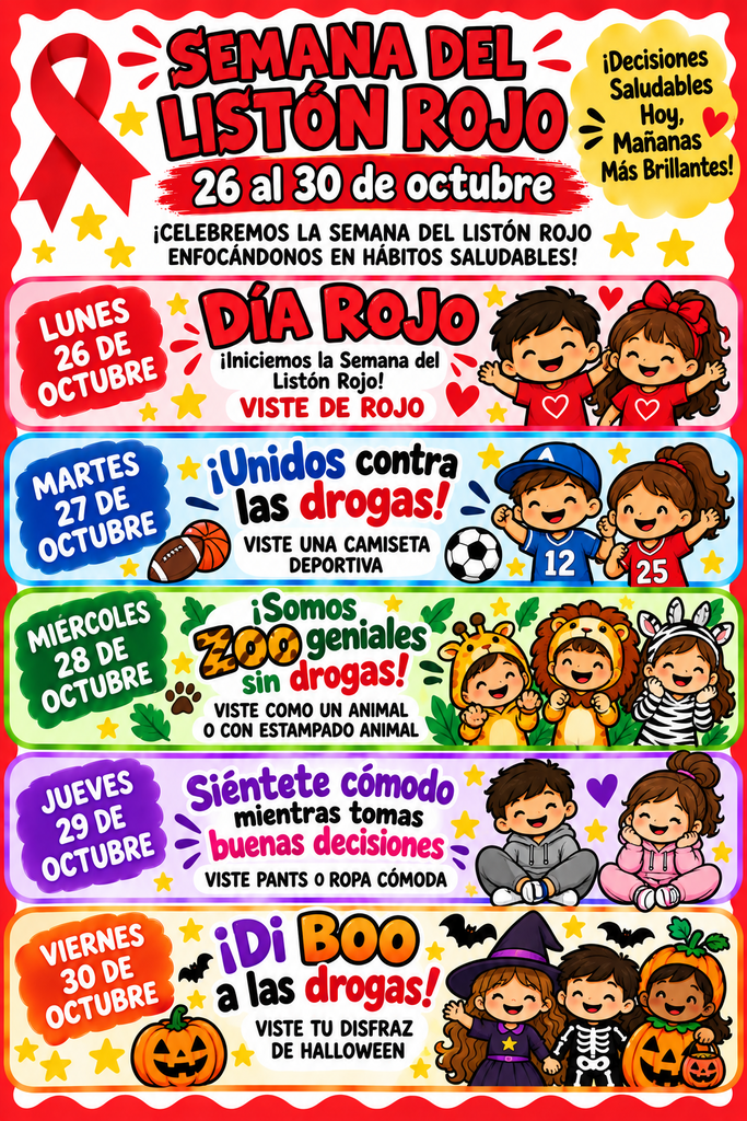 A poster has a title "Semana Del Listón Rojo" with dates "26 al 30 de octubre". It includes daily activities.