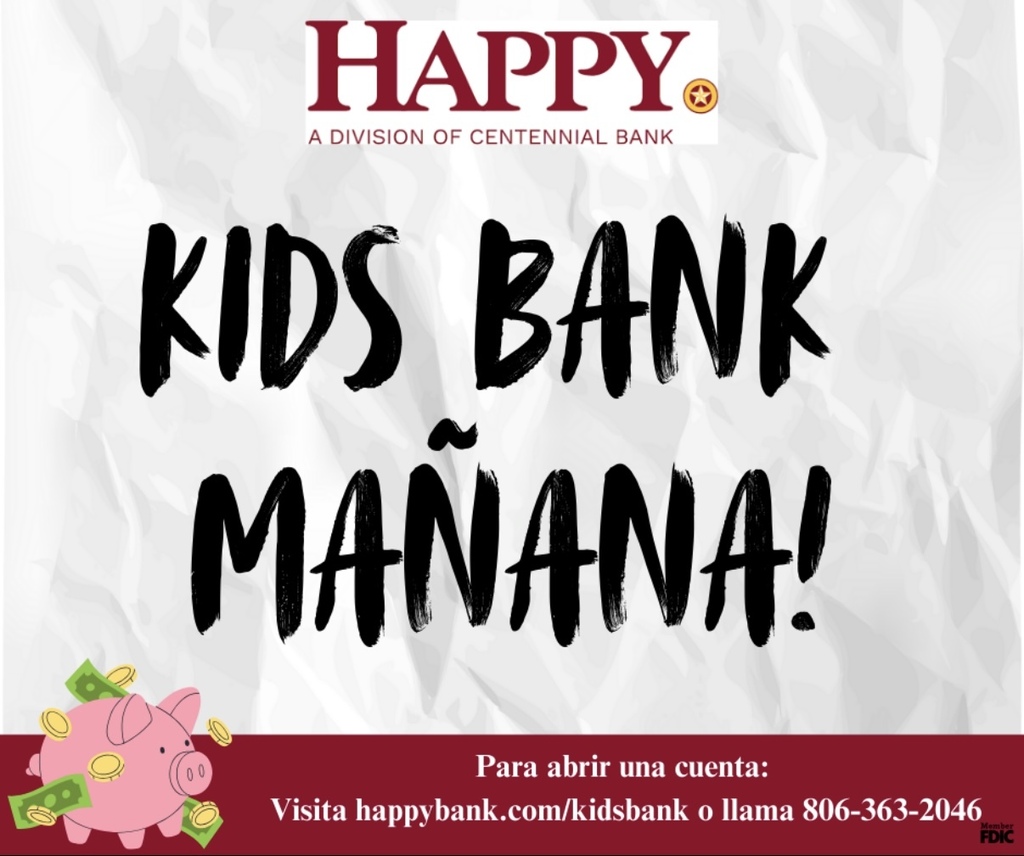 White page with black text. "Happy", "Kids Bank", "Mañana!" above a pink piggy bank. "Para abrir una cuenta: Visita happybank.com/kidsbank o llama 806-363-2046" below.