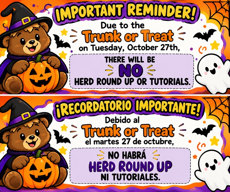 Banners with bear holding pumpkin in witch hat and ghost with Spanish and English text.