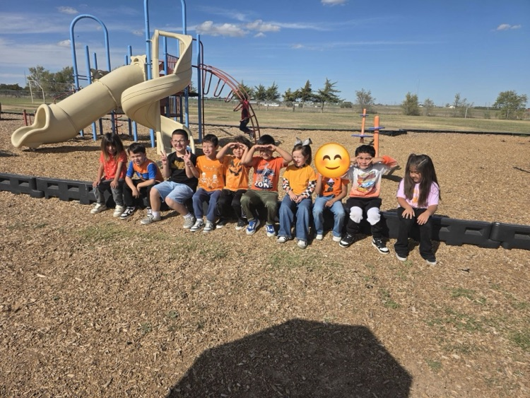 Several children in orange shirts pose for a photo in an outdoor playground area with a slide.