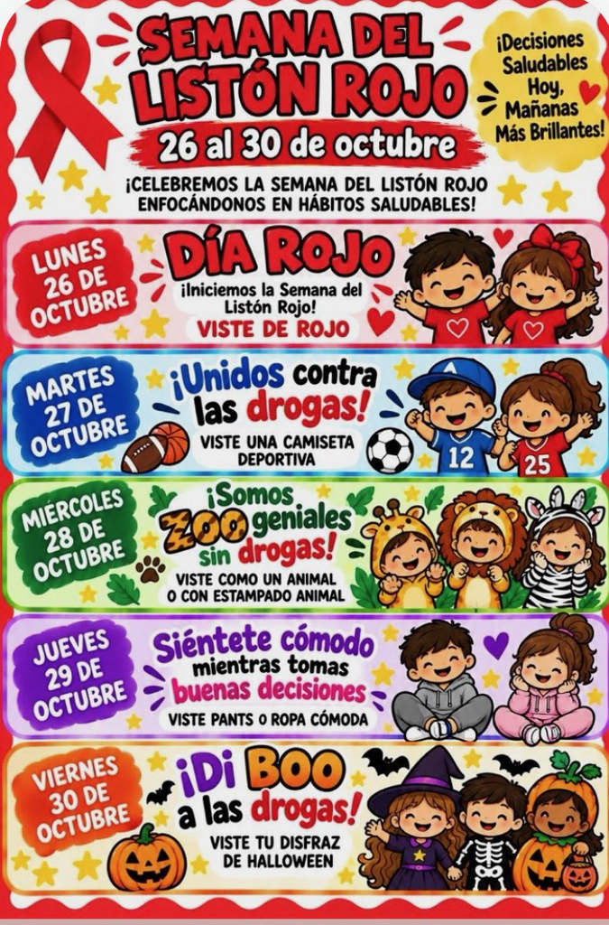 Poster with days of the week and activities, children dressed in costumes, text "Semana del Liston Rojo"