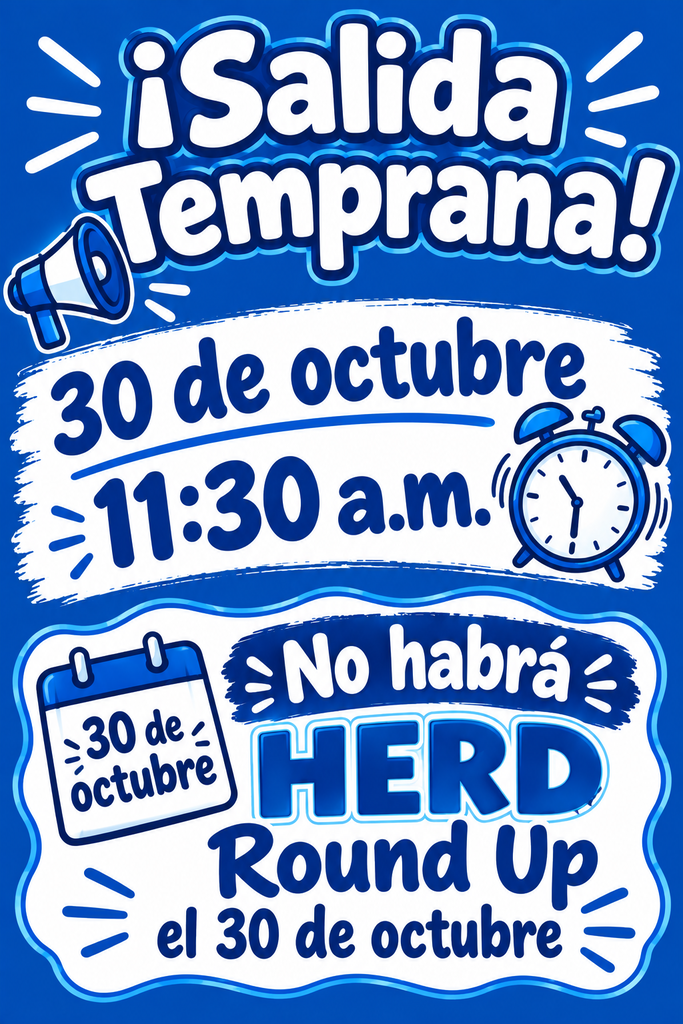 A blue background with white text and icons, including a megaphone, clock, calendar, and an alarm.
