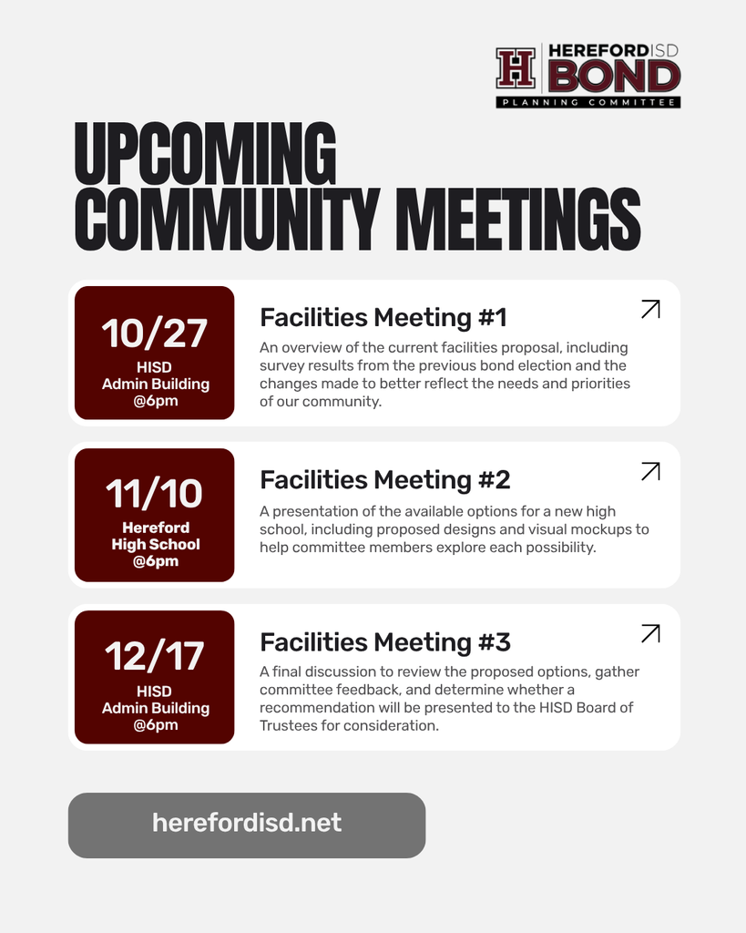 Poster with three meeting dates, locations, and brief descriptions of each meeting. The header reads "Upcoming Community Meetings."