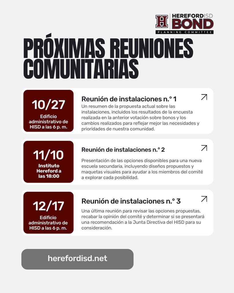 Poster with dates and information about upcoming community meetings, arranged in a vertical timeline format.
