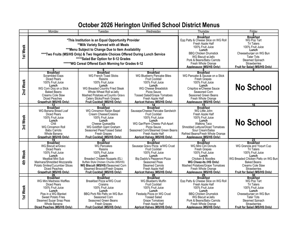 October 2026 Menu