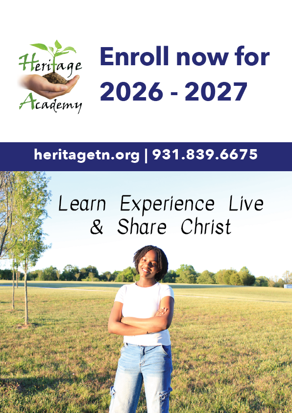 Girl standing on grass with text over picture and logo promoting school