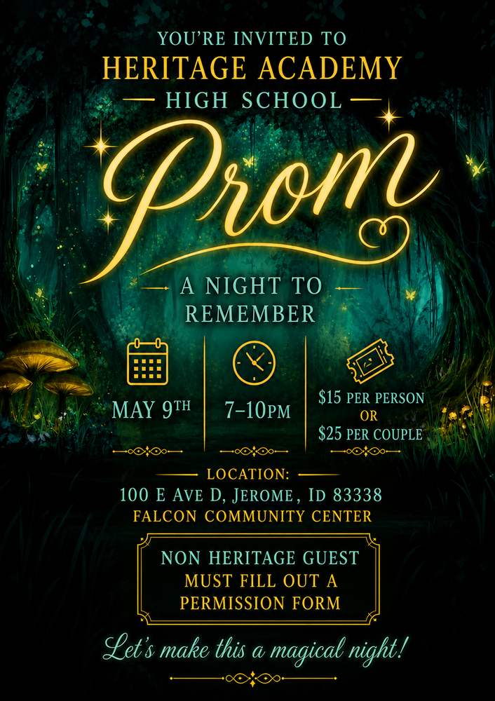 Poster for a Heritage Academy High School prom with an enchanted forest theme. Glowing script reads “Prom – A Night to Remember.” Event details: May 9th, 7–10 PM. Tickets are $15 per person or $25 per couple. Location: Falcon Community Center, 100 E Ave D, Jerome, ID 83338. Note: Non-Heritage guests must fill out a permission form. Decorative elements include glowing lights, trees, and mushrooms, with the phrase “Let’s make this a magical night!” at the bottom.