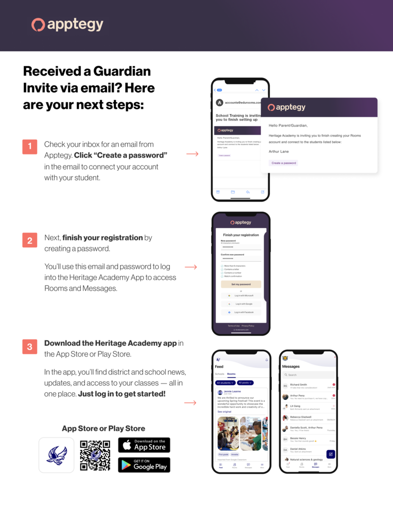 **ALT text:** Appttegy guide for Heritage Academy parents and guardians who receive an email invitation. The graphic provides three steps: check the email and click “Create a password,” finish registration by creating a password, and download the Heritage Academy app from the App Store or Google Play. Screenshots show the email invitation, password setup page, and app screens for viewing school updates, classes, and messages.